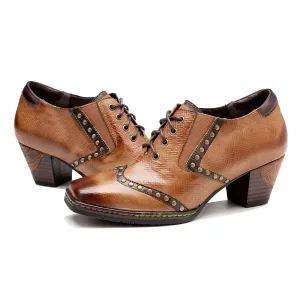 CrazycatZ Leather Pumps,Womens Colorful Vintage Block Heel Oxford Vintage Shoes Pumps Brown
