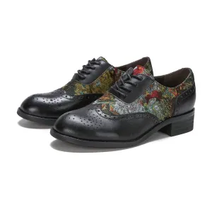 CrazycatZ Women's Leather Oxford Shoes Colorful Leather Oxfords Vintage Lace up Shoes Black
