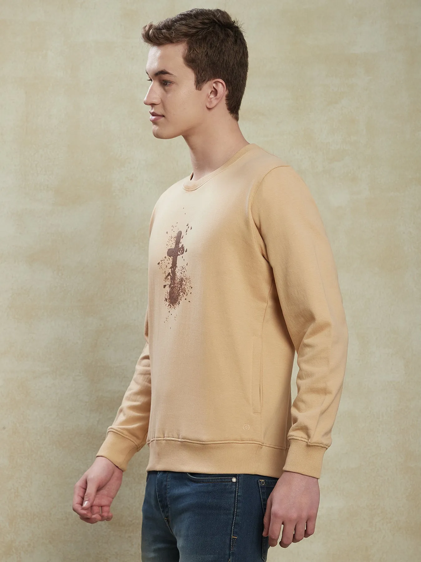 Knitted Khaki Printed Regular Fit Full Sleeve Casual Sweatshirt