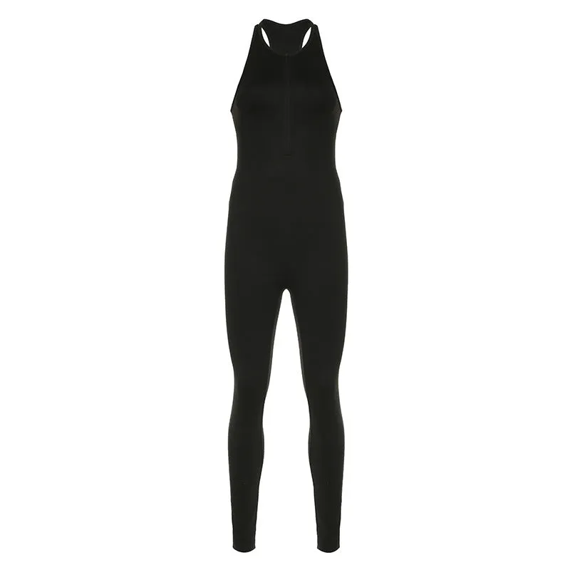 Sports Women Solid Color Yoga Pants Zipper Stitching Hollow Out Cutout Backless Tight Sleeveless One Piece Trousers