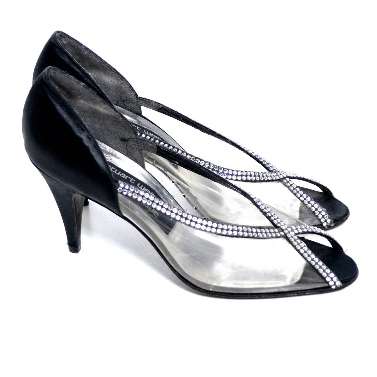 Vintage Stuart Weitzman Rhinestone Clear and Black Satin Shoes Size 7