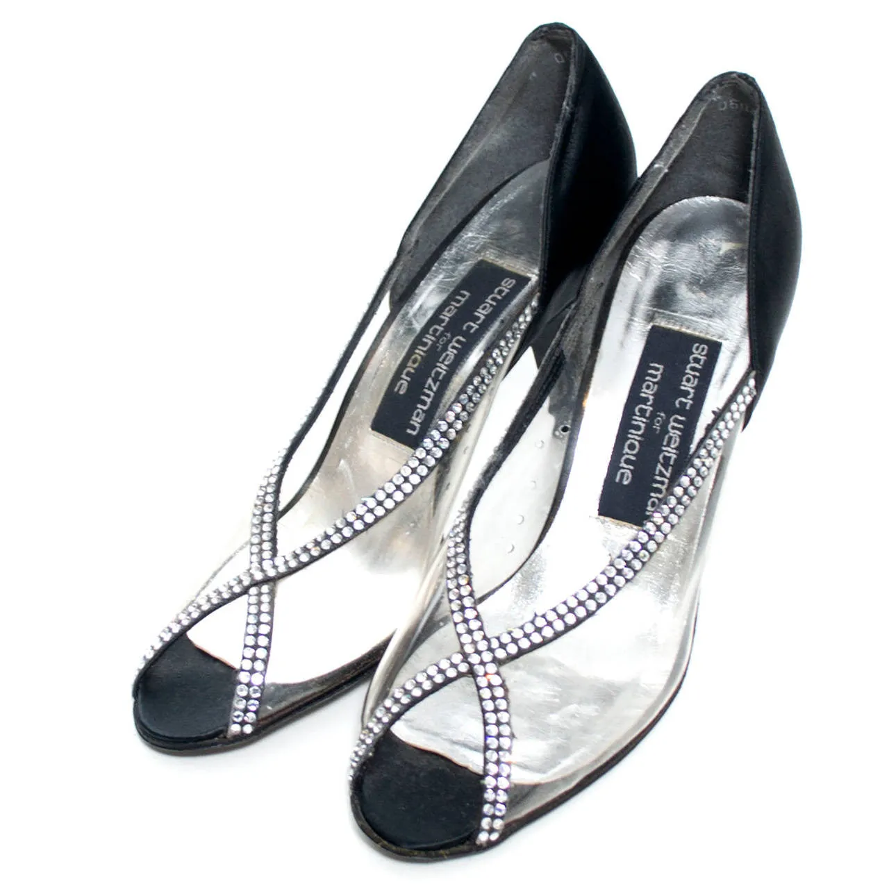 Vintage Stuart Weitzman Rhinestone Clear and Black Satin Shoes Size 7